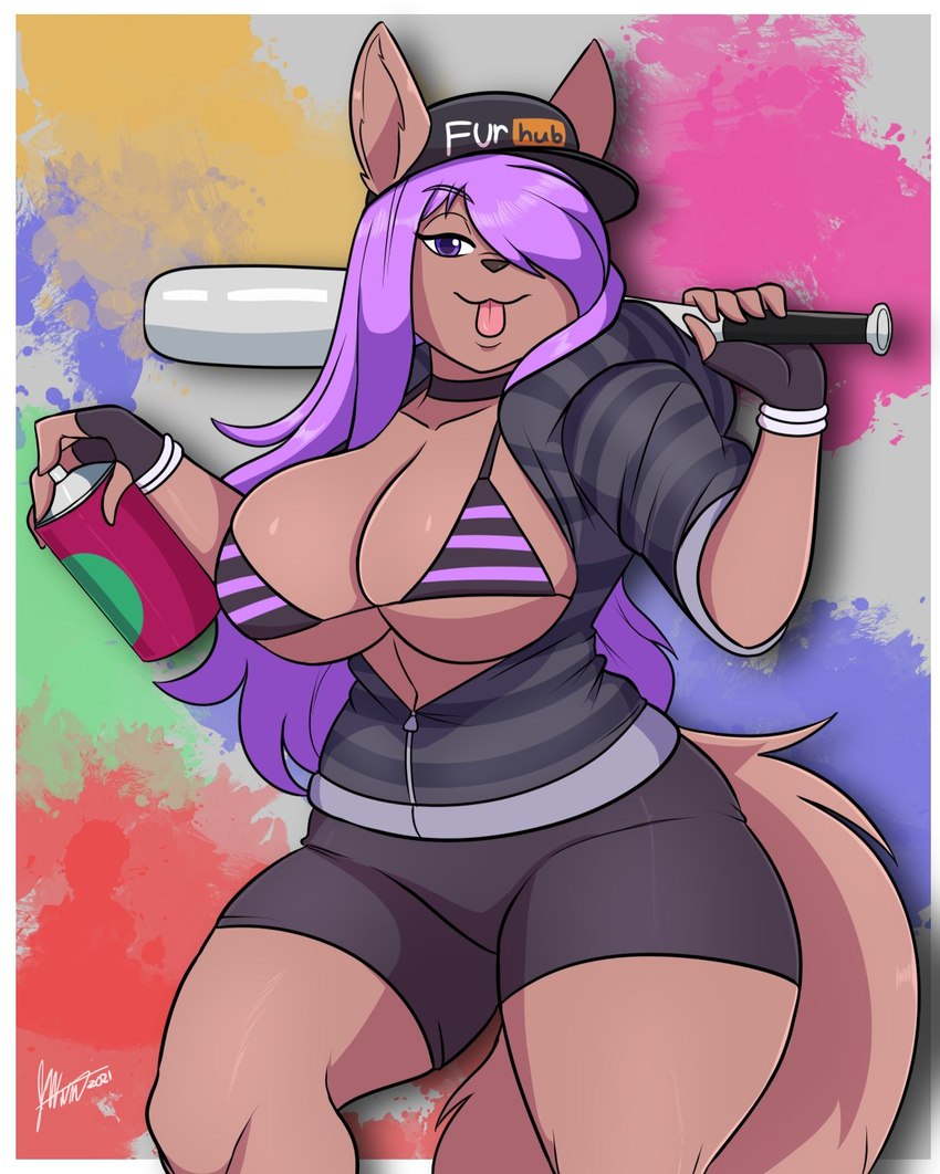 anthro baseball_bat bat_(object) bra breasts clothing female hat headgear headwear solo spray_can underwear jwinkz pornhub rose_(durandall) canid canine mammal hi_res