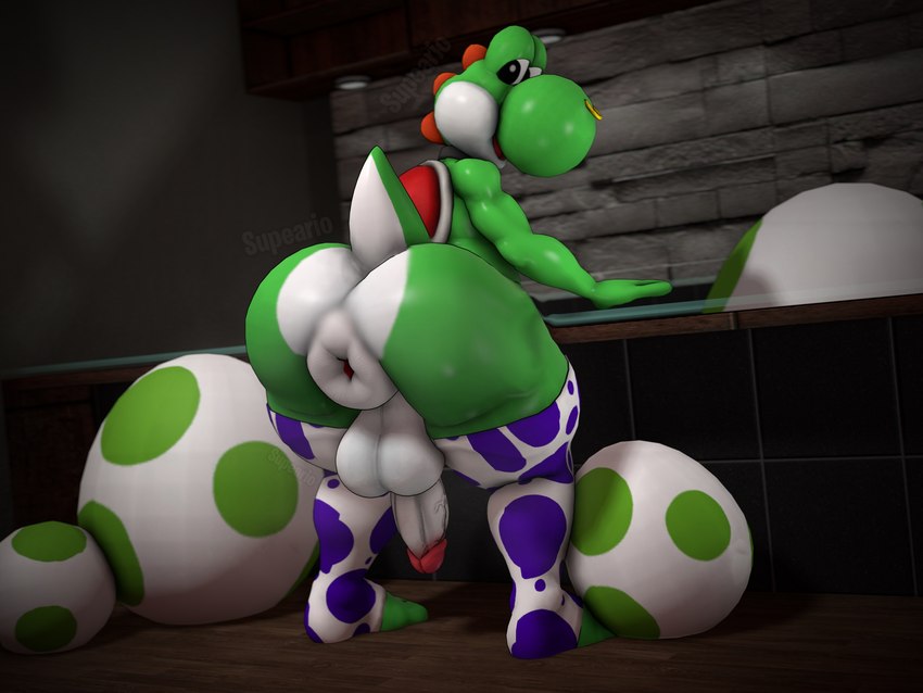 anthro anus balls big_anus big_balls big_butt butt clothing facial_piercing femboy genitals huge_butt legwear looking_back male nose_piercing nose_ring open_mouth penis piercing ring_piercing solo stockings supeario mario_bros nintendo dinosaur green_yoshi prehistoric_species reptile scalie yoshi 3d_(artwork) 4:3 digital_media_(artwork) hi_res source_filmmaker_(artwork)