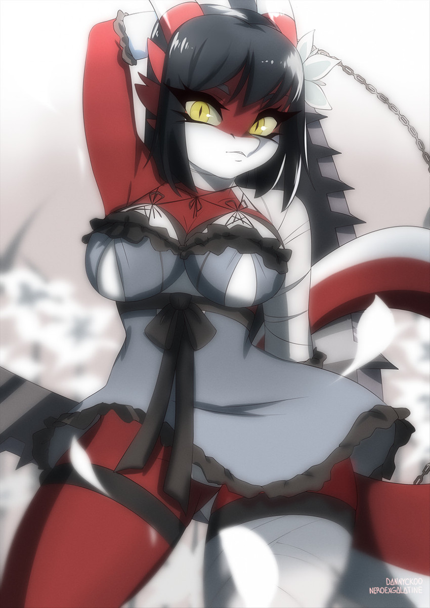 anthro black_hair breasts chain clothed clothing cosplay dress female hair horn looking_at_viewer panties panty_shot partially_visible_underwear red_body solo tail underwear yellow_eyes dannyckoo exgalatine mythology nier elena_(shadowkitty777) kaine_(nier) dragon mythological_creature mythological_scalie scalie 2020 hi_res