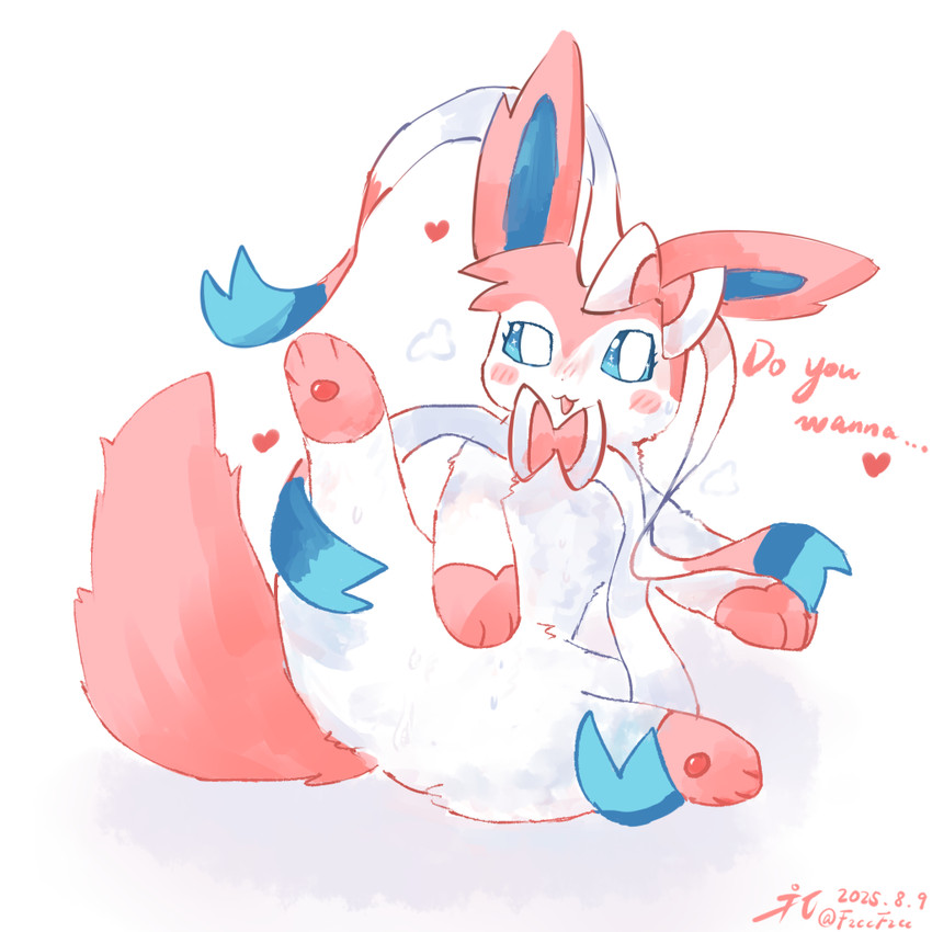 ambiguous_gender blue_inner_ear blue_sclera blush bodily_fluids butt featureless_crotch feral floating_heart heart_symbol leg_markings looking_at_viewer lying markings null on_back open_mouth paw_on_belly pawpads presenting_crotch raised_leg ribbons_(anatomy) socks_(marking) solo spread_legs spreading sweat sweaty_butt talking_to_viewer text white_body white_eyes f2cc nintendo pokemon eeveelution generation_6_pokemon mammal pokemon_(species) sylveon tagme female_(lore)