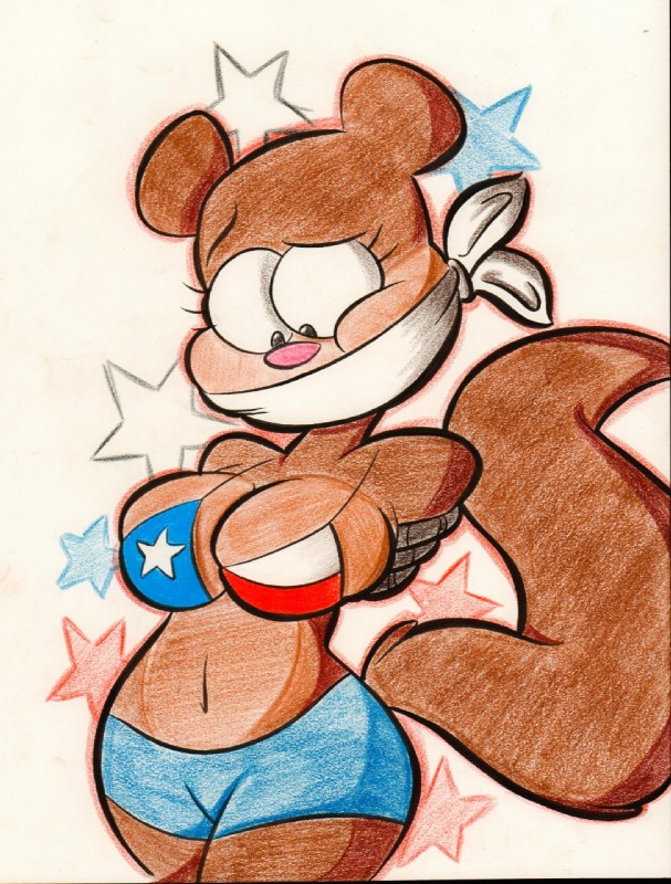 anthro bdsm big_breasts bikini bikini_top blue_star bondage bound breasts brown_body brown_fur cloth_gag clothed clothing female flag_bikini fur gag gagged red_star rope simple_background solo standing swimwear texas_flag texas_flag_bikini two-piece_swimsuit white_star tempson nickelodeon spongebob_squarepants sandy_cheeks mammal rodent sciurid tree_squirrel hi_res traditional_media_(artwork)