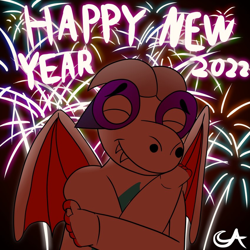 abstract_background ambiguous_gender anthro explosion explosives eyes_closed fireworks happy holidays night self_hug solo text callipygo mythology new_year new_year_2022 ari_(callipygo) dragon mythological_creature mythological_scalie scalie 1:1 absurd_res colorful_theme english_text hi_res signature