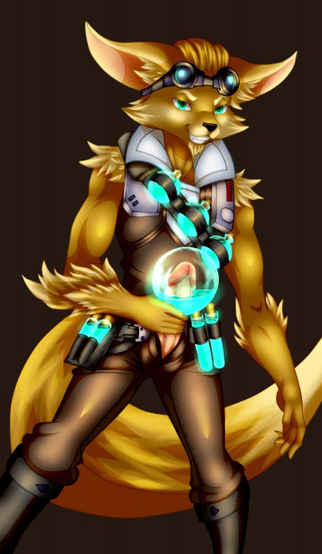 anthro clothing flask genitals male penis simple_background solo gf hi-rez_studios paladins_(game) pip_(paladins) canid canine fennec_fox fox mammal true_fox hi_res