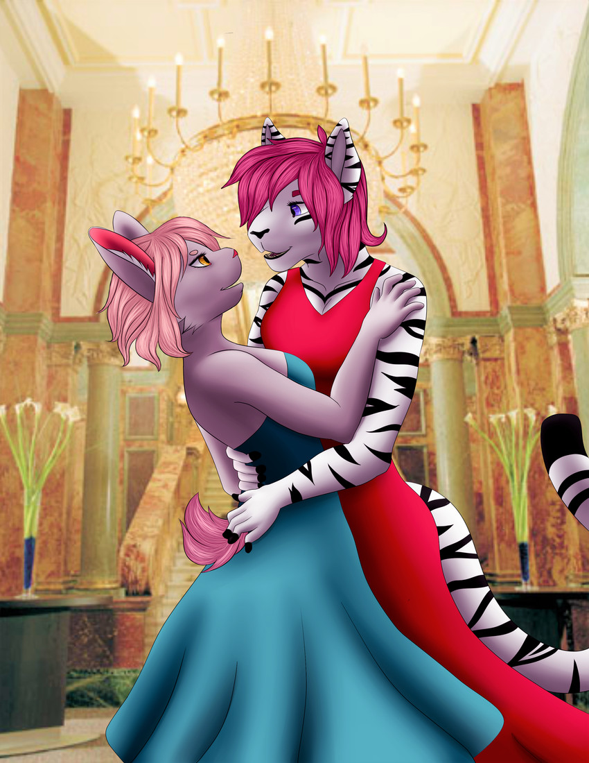 anthro clothed clothing dress duo female female/female fur hair hug looking_at_another orange_eyes pink_body pink_fur pink_hair purple_eyes romantic romantic_ambiance romantic_couple white_body white_fur darkdukewolf felid lagomorph leporid mammal pantherine rabbit tiger absurd_res hi_res