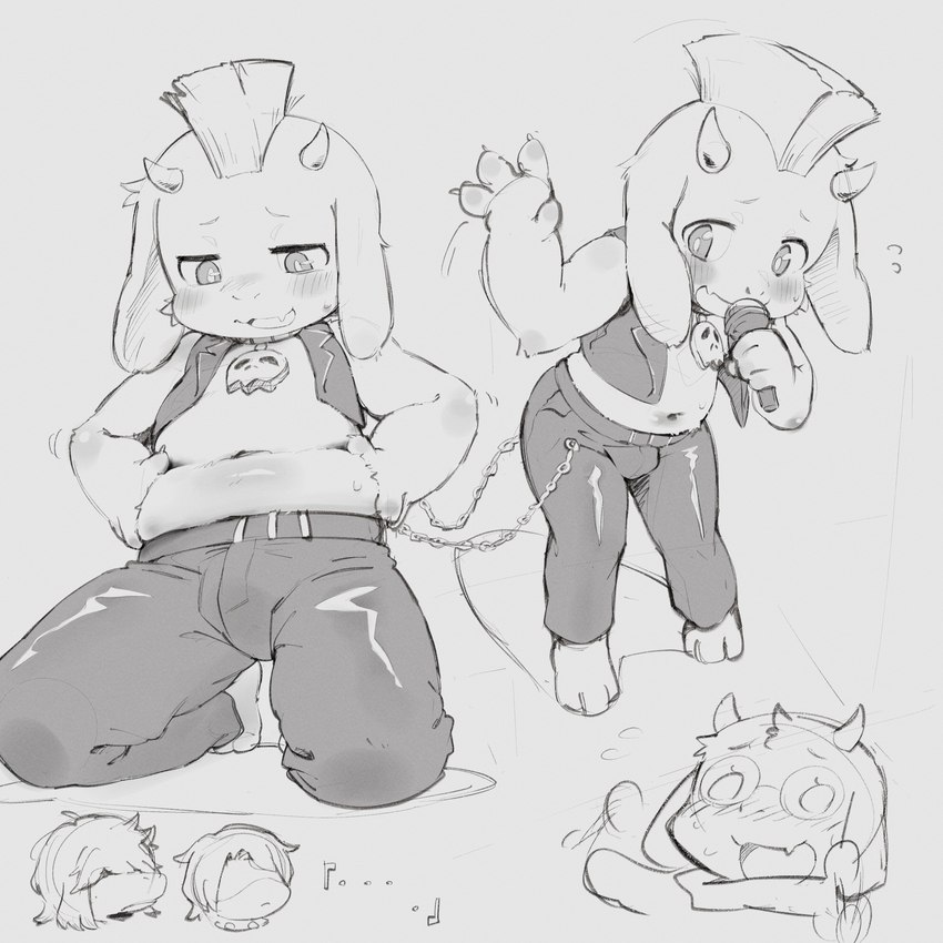 alternative_fashion anthro barefoot belly blush bottomwear bulge clothing electronics embarrassed feet floppy_ears horn male microphone mohawk navel pants punk singing slightly_chubby topwear vest young makino_728 deltarune undertale_(series) ralsei bovid caprine goat human mammal 1:1 absurd_res hi_res