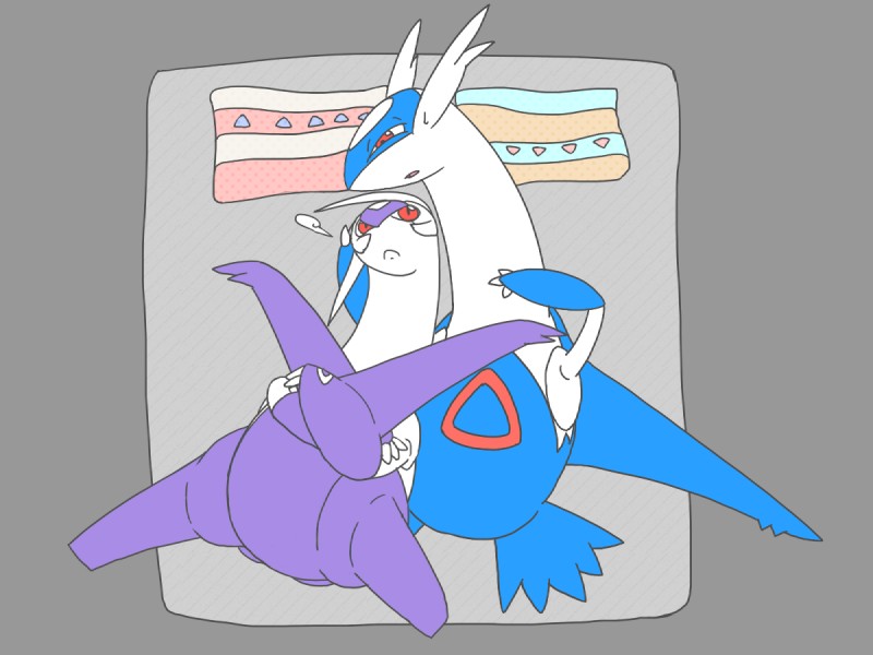 bed blue_body blue_feathers duo feathers feral frown furniture lying male on_back open_mouth pillow purple_body purple_feathers red_eyes white_body white_feathers che_ri_ni nintendo pokemon generation_6_pokemon legendary_pokemon mega_evolution mega_latios pokemon_(species) scalie 4:3