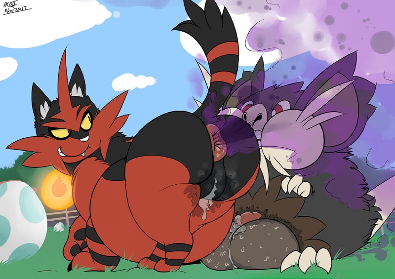 anus belly big_belly bodily_fluids butt butt_sniffing detailed_background duo egg fart fart_cloud fart_fetish fart_sniffing female gas genital_fluids genitals male outside precum pregnant purple_fart_cloud pussy sniffing unusual_fart visible_sniffing riis nintendo pokemon alolan_form alolan_raticate felid generation_7_pokemon mammal pokemon_(species) regional_form_(pokemon) rodent torracat