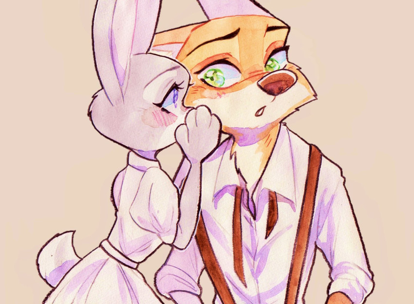 anthro blush clothed clothing duo female fully_clothed fur green_eyes grey_body grey_fur male orange_body orange_fur purple_eyes simple_background tan_background whispering strawberry628_(artist) disney zootopia judy_hopps nick_wilde canid canine fox lagomorph leporid mammal rabbit red_fox true_fox 2020 painting_(artwork) traditional_media_(artwork) watercolor_(artwork)