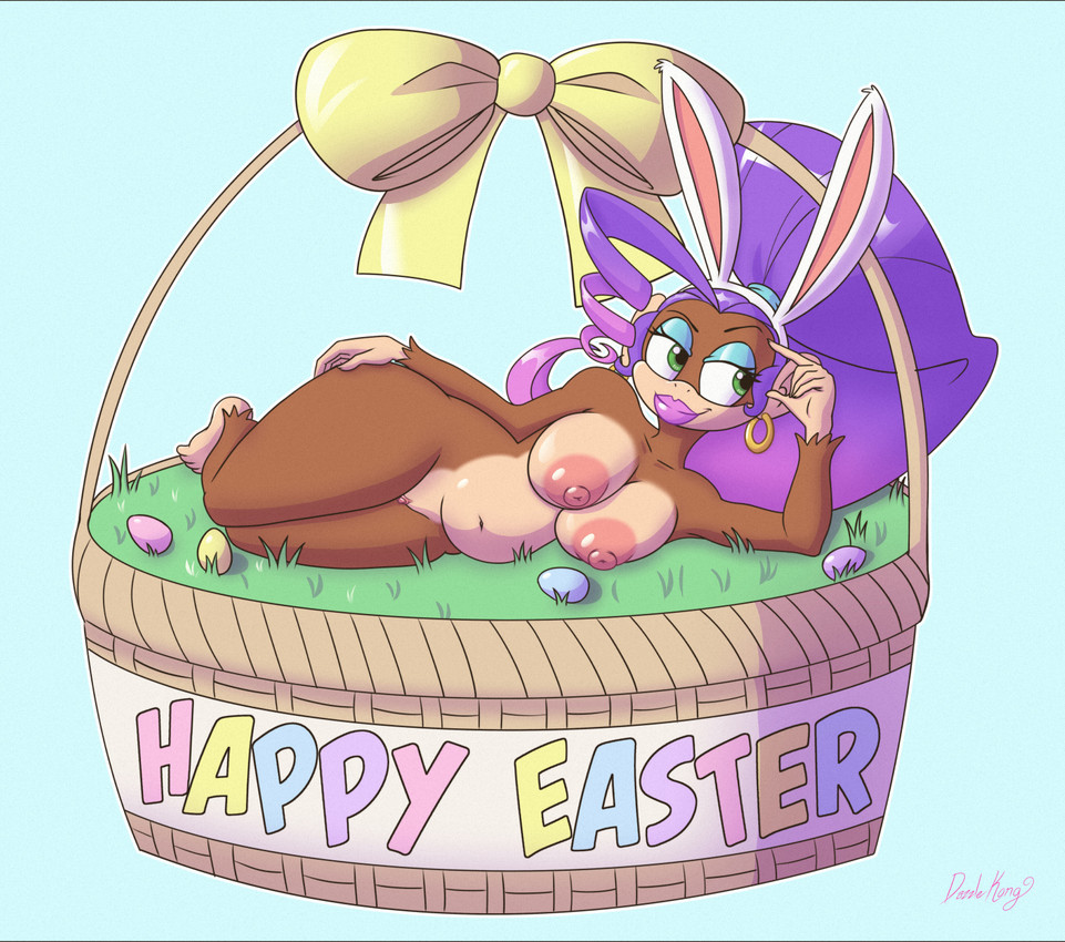 anthro areola basket breasts clitoral_hood clitoris container ear_piercing ear_ring easter_basket easter_egg eyelashes eyeshadow fake_ears fake_rabbit_ears feet female fingers fur genitals grass hair half-closed_eyes holidays lipstick lying makeup narrowed_eyes navel nipples nude on_side piercing plant ring_piercing smile solo text toes vulva dazzlekong donkey_kong_(series) easter nintendo dazzle_kong_(dazzlekong) ape gorilla haplorhine mammal primate digital_media_(artwork) english_text hi_res