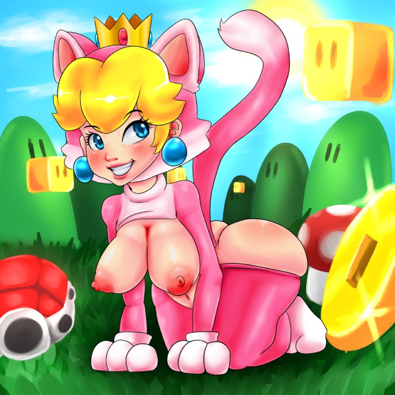 areola bare_breasts big_breasts blush breasts cat_costume cat_suit_(mario) clothing costume ear_piercing erect_nipples exposed_breasts fake_cat_ears fake_ears female group nipples not_furry not_furry_wearing_fursuit piercing smile erozer mario_bros nintendo cat_peach princess_peach human mammal 1:1 grandfathered_content hi_res