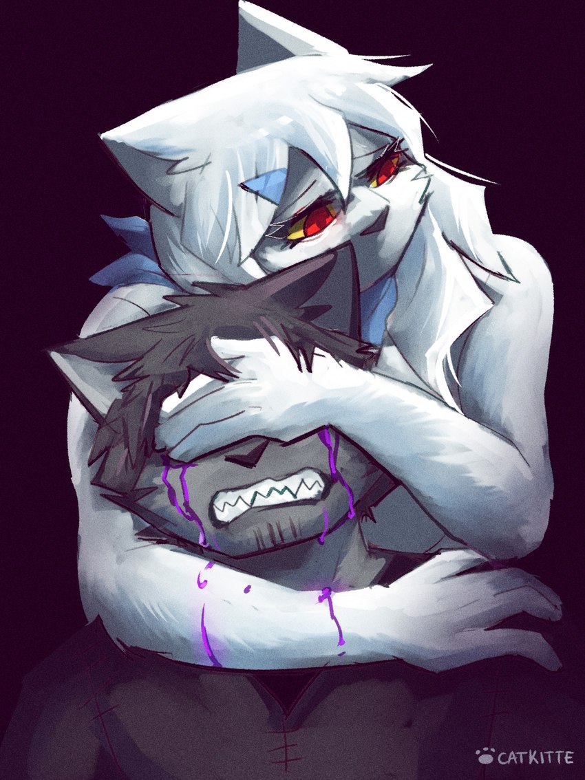 4_fingers anthro blood blood_from_eye bodily_fluids clothing covering covering_eyes covering_face crying dress duo female fingers hair hug male red_eyes sad scarf tears catkitte jane_(catkitte) ugly_cat_(catkitte) domestic_cat felid feline felis mammal 2024 digital_drawing_(artwork) digital_media_(artwork) hi_res
