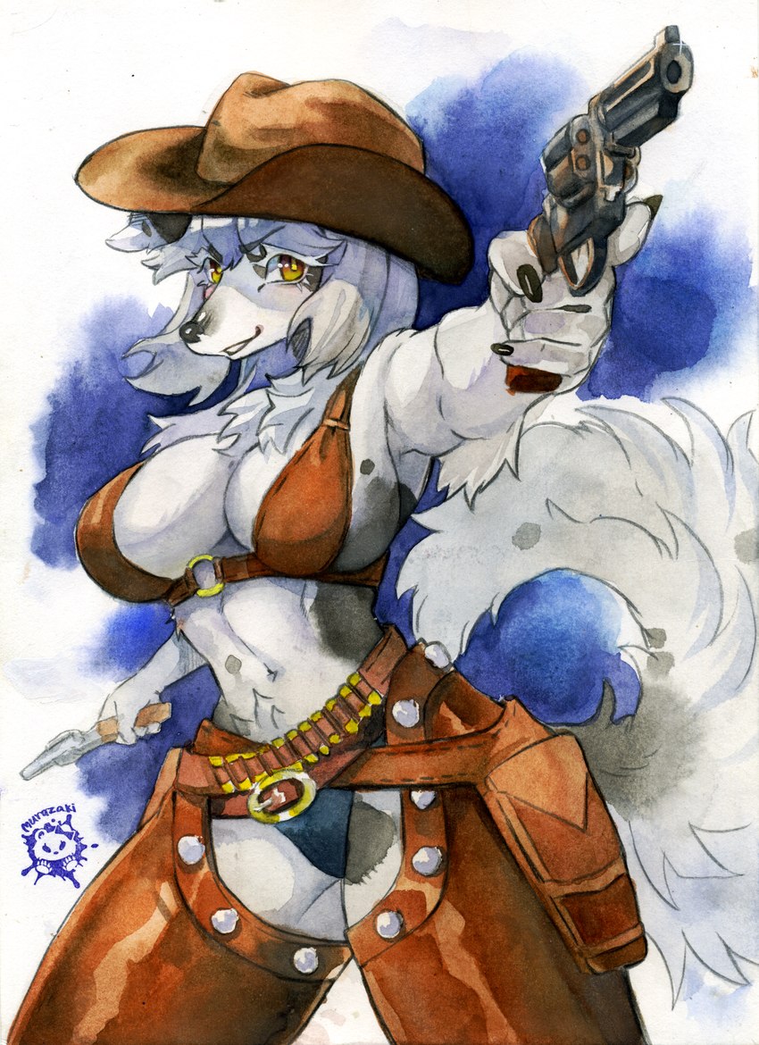 anthro breasts brown_outfit bullet claws clothing cowgirl_outfit female fingers fur gun hair hat headgear headwear markings navel panties ranged_weapon solo spots spotted_body spotted_fur tail tail_fluff underwear weapon white_body white_fur yellow_eyes murazaki oxana_(cowface) borzoi bovid bovine canid canine canis cattle domestic_dog hunting_dog hybrid mammal sighthound absurd_res hi_res traditional_media_(artwork) watercolor_(artwork)