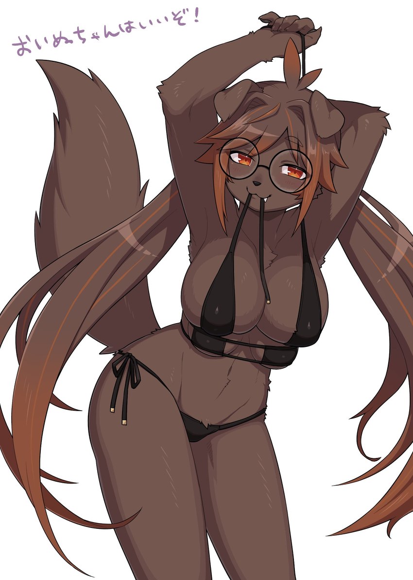 4_breasts 5_fingers anthro big_breasts bikini black_nose blush breasts brown_body brown_fur brown_hair claws cleavage clothed clothing cute_fangs eyewear fangs female female_anthro finger_claws fingers floppy_ears fur glasses good_girl hair half-closed_eyes kemono long_hair looking_at_viewer multi_breast multi_breast_bikini multicolored_hair narrowed_eyes navel orange_eyes raised_arms round_glasses skindentation solo swimwear tail teeth text twintails_(hairstyle) two-piece_swimsuit wearing_glasses yamame513 oinu-chan_(hanadaiteol) canid canine canis domestic_dog mammal 2021 digital_media_(artwork) hi_res japanese_text portrait three-quarter_portrait translated