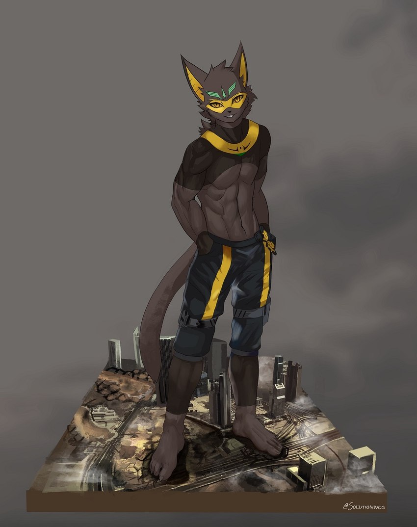 anthro barefoot bottomwear brown_body building city clothed clothing destruction egyptian feet footprint footsteps humanoid_feet landscape_dwarfing larger_anthro larger_male macro male paws plantigrade shorts size_difference smile soles solo yellow_eyes solutionwcs bastet_(solutionwcs) domestic_cat felid feline felis mammal hi_res