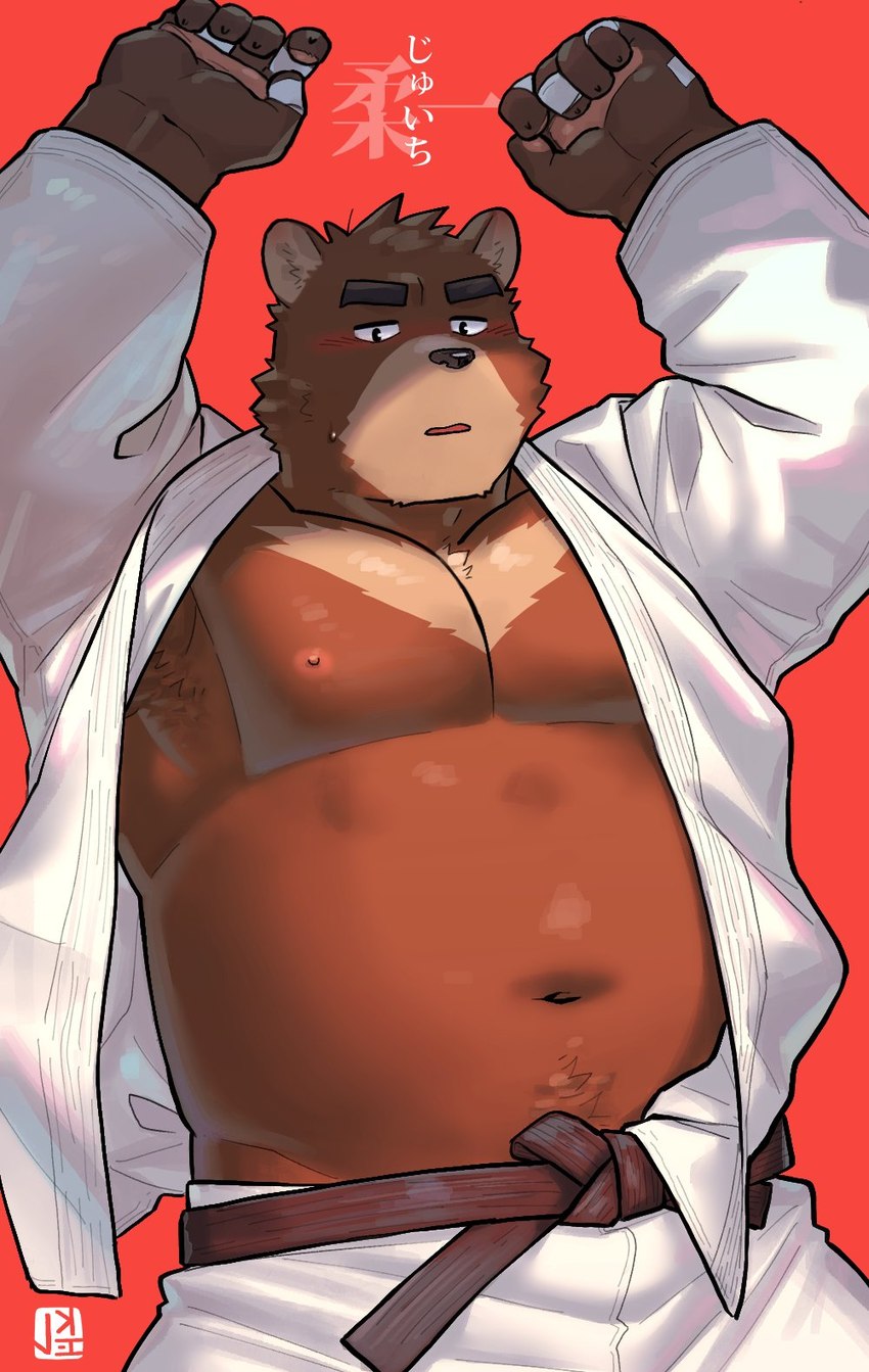 anthro armpit_hair belly bodily_fluids body_hair brown_body brown_fur cheek_tuft chest_markings clothed clothing countershade_snout countershading facial_tuft fur happy_trail head_tuft keikogi logo looking_at_viewer male markings martial_arts_uniform multicolored_body multicolored_fur navel nipples open_clothing open_shirt open_topwear pink_nipples raised_arms red_background shirt simple_background snout solo sportswear sweat sweatdrop tan_body tan_countershading tan_fur text topwear tuft two_tone_body two_tone_fur white_clothing jeck morenatsu juuichi_mikazuki bear black_bear mammal moon_bear ursine 2024 artist_logo hi_res japanese_text translated