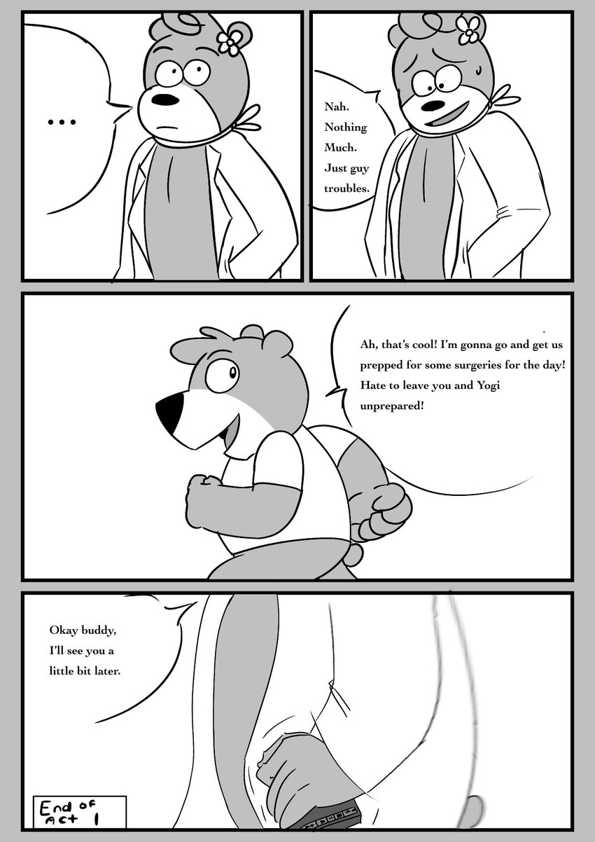 anthro biped bodily_fluids border clothing dialogue doctor duo ellipsis grey_border humanoid_hands shirt sweat text topwear beargarbage hanna-barbera jellystone_(hbo_max) yogi_bear boo-boo_bear cindy_bear bear mammal 2021 comic english_text hi_res monochrome