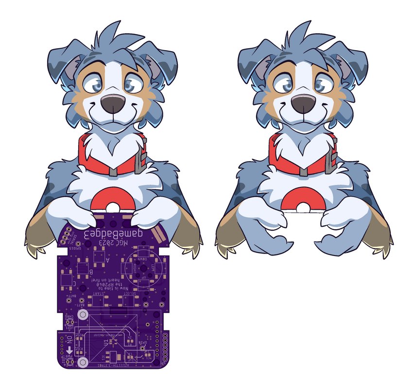 anthro badge blue_eyes collar electronics holding_object looking_at_viewer male pokeball solo spots tim_weeks nintendo pokemon savestate kade_(savestate) australian_shepherd canid canine canis domestic_dog herding_dog mammal pastoral_dog sheepdog hi_res