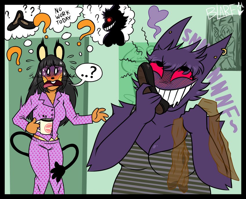 anthro beverage clothing coffee container cup duo feet female female/female foot_fetish footwear shoe_sniffing shoes sniffing sniffing_clothes text thought_bubble blarf022 nintendo pokemon giselle_(giselleandvivian) vivian_(giselleandvivian) dedenne generation_1_pokemon generation_6_pokemon gengar pokemon_(species) 2022 digital_media_(artwork) english_text hi_res signature