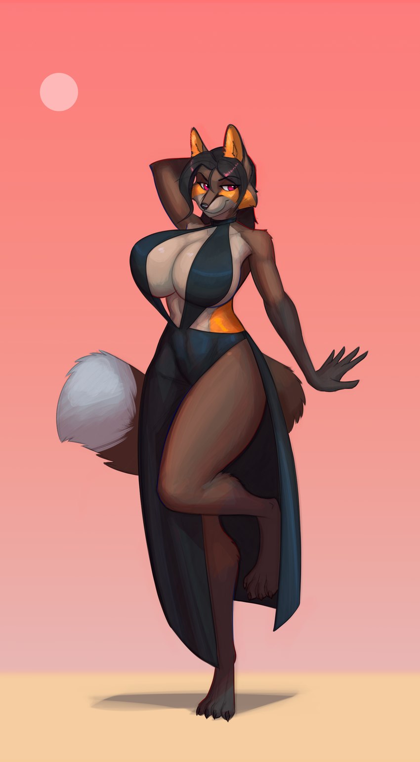 anthro big_breasts breasts brown_body brown_fur brown_hair clothed clothing desert dress female fur gloves_(marking) hair huge_breasts markings on_one_leg orange_body orange_fur posing_for_picture red_eyes skimpy solo standing sun mortarionlordofdeath maple_cross_(devildjmachine) canid canine cross_fox fox mammal red_fox true_fox absurd_res hi_res