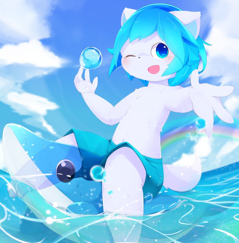 anthro blue_body blue_eyes blue_hair blush blush_lines clothed clothing cloud dipstick_tail eye_glint floatie fluffy fur hair inflatable kemono looking_at_viewer male markings navel one_eye_closed open_mouth rainbow reaching_out smile solo tail tail_markings topless white_body white_fur white_tail_tip wink young young_anthro aoino spica_(aoino) canid canine canis domestic_dog mammal absurd_res digital_media_(artwork) hi_res