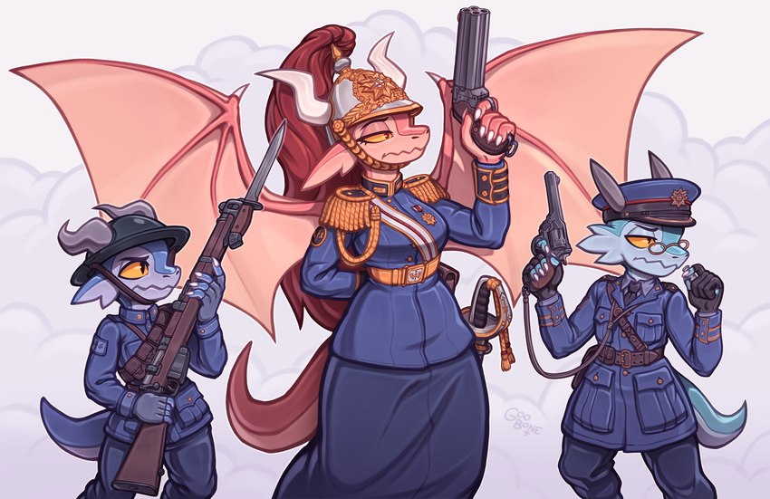 anthro armor bayonet clothing female group gun handgun headgear helmet horn knife melee_weapon military_uniform ranged_weapon revolver rifle spread_wings standing sword trio uniform weapon wings goobone mythology dragon kobold mythological_creature mythological_scalie scalie hi_res