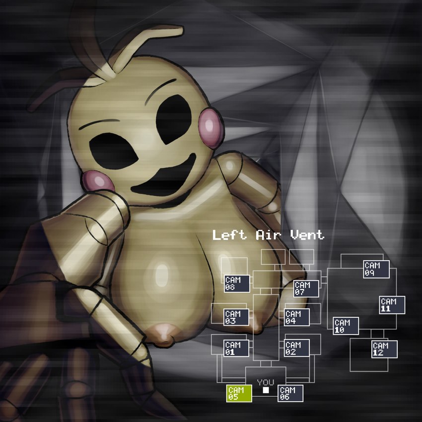 anthro areola big_breasts black_eyes breasts camera_view creepy empty_eyes female fingers head_feathers head_tuft looking_at_viewer machine nipples orange_areola orange_nipples reaching_towards_viewer rosy_cheeks smile solo tuft ventilation ventilation_shaft yellow_body ganmakurel five_nights_at_freddy's five_nights_at_freddy's_2 scottgames toy_chica_(fnaf) animatronic avian bird chicken galliform gallus_(genus) phasianid robot 1:1 2023 absurd_res digital_media_(artwork) hi_res