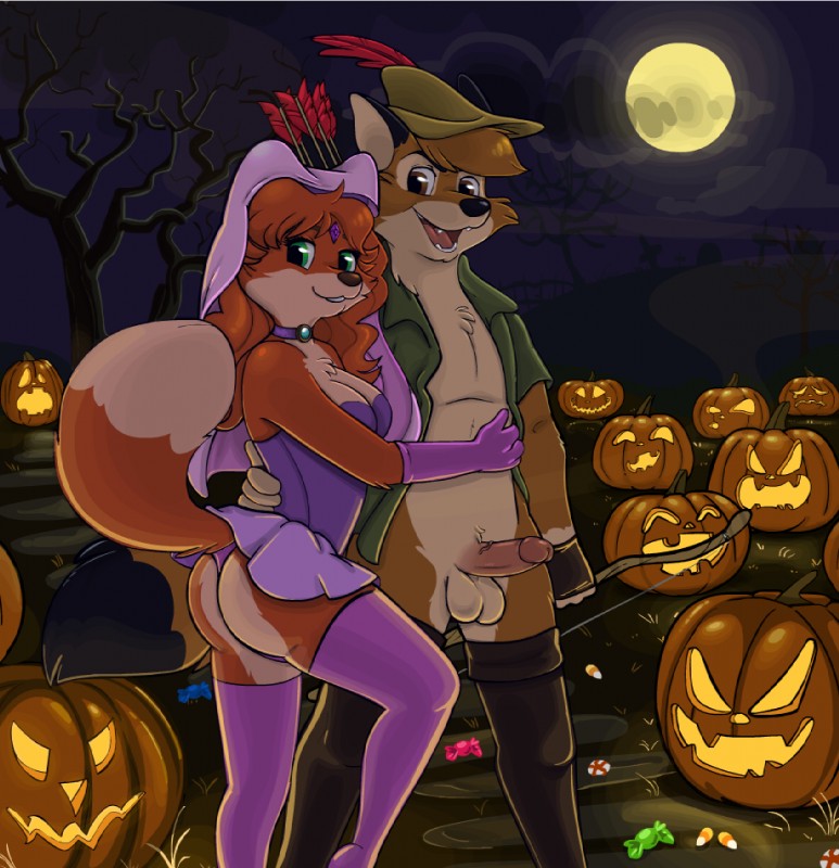 anthro arrow_(weapon) balls blue_eyes bow_(weapon) breasts brown_eyes butt candy candy_corn canon_couple casual_erection casual_exposure choker cleavage clothed clothing cosplay dessert dipstick_tail duo erection female food fur genitals hair hat headgear headwear humanoid_genitalia humanoid_penis jack-o'-lantern jewelry male male/female markings moon mostly_nude multicolored_tail necklace night open_clothing open_shirt open_topwear orange_body orange_fur orange_hair penis ranged_weapon shirt tail tail_markings topwear weapon germainethevixen disney robin_hood_(disney) enwood_the_fox germaine_(vixen) maid_marian robin_hood canid canine fox mammal