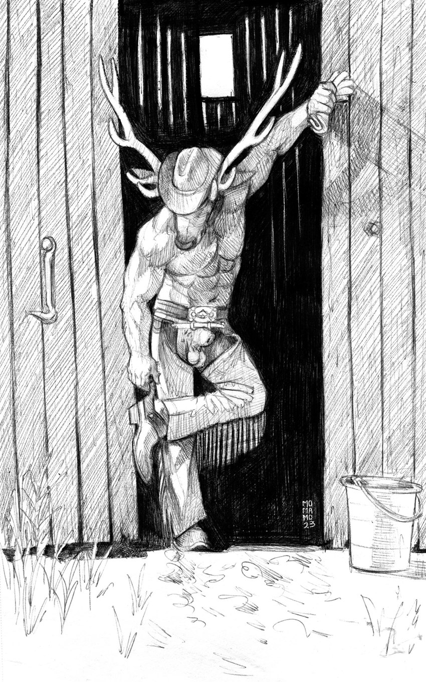 abs animal_genitalia anthro balls barn biceps chaps clothing exposed fully_sheathed furgonomics genitals hat headgear headwear male manly muscular outside pecs sheath solo triceps work_gloves momamo cervine deer elk mammal 2023 5:8 absurd_res greyscale hi_res monochrome