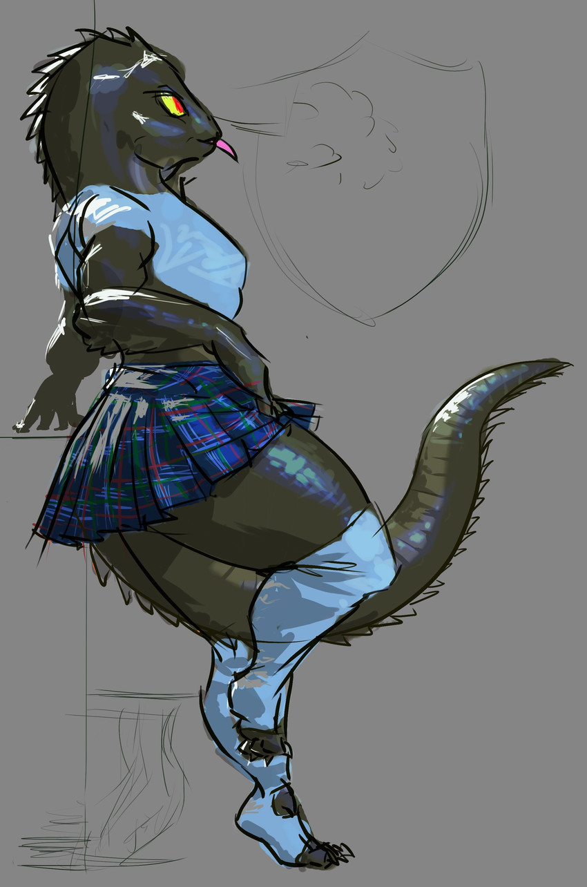 anthro bottomwear clothed clothing female glistening glistening_body leaning leaning_backward legwear muscular muscular_anthro muscular_female raised_leg raised_tail school_uniform simple_background skirt solo tail thick_tail thick_thighs thigh_highs tongue tongue_out uniform greenpolygon crocodilian lizard reptile scalie prehensile_(disambiguation) absurd_res digital_media_(artwork) hi_res mypaint_(artwork) sketch