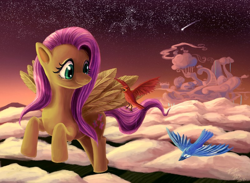 cloud cloudsdale cutie_mark feathered_wings feathers female feral flying group hair night outside pink_hair shooting_star sky star starry_sky tail wings yellow_body yellow_feathers tsitra360 friendship_is_magic hasbro my_little_pony mythology fluttershy_(mlp) avian bird blue_jay cardinal_(bird) corvid equid equine jay_(bird) mammal mythological_creature mythological_equine new_world_jay oscine passerine pegasus