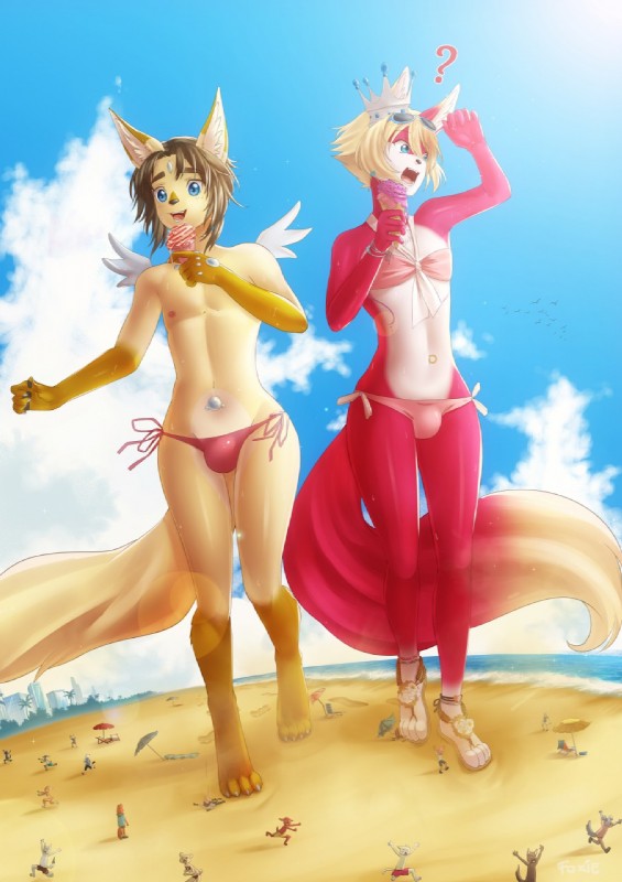 anthro beach blonde_hair blue_eyes brown_hair clothed clothing cloud crossdressing day detailed_background duo femboy fur hair macro male navel navel_piercing nipples open_mouth outside piercing pink_body pink_fur sand seaside size_difference skimpy sky smile tongue underwear water yellow_body yellow_fur ratatula banto-kun canid canine fox mammal 2017 hi_res