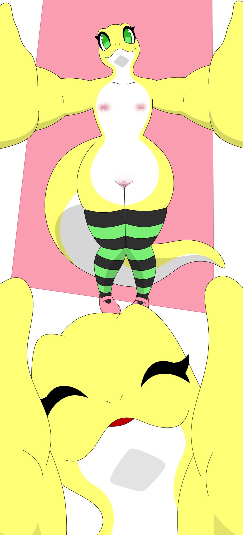 anthro breasts clothing female green_eyes inverted_nipples legwear legwear_only mostly_nude nipples small_breasts solo stockings stockings_only thick_thighs lagartixamesmo heveli gecko lizard reptile scalie absurd_res hi_res