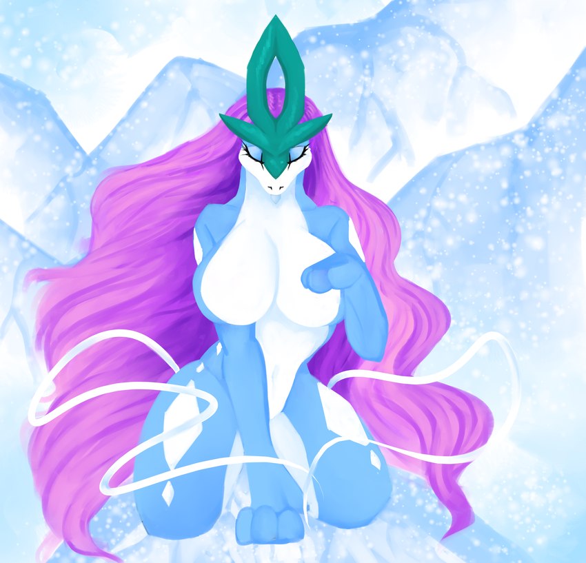 anthro anthrofied bare_breasts breasts female paws pokemorph snow solo cassielink nintendo pokemon generation_2_pokemon legendary_pokemon pokemon_(species) suicune absurd_res digital_media_(artwork) digital_painting_(artwork) hi_res shaded soft_shading