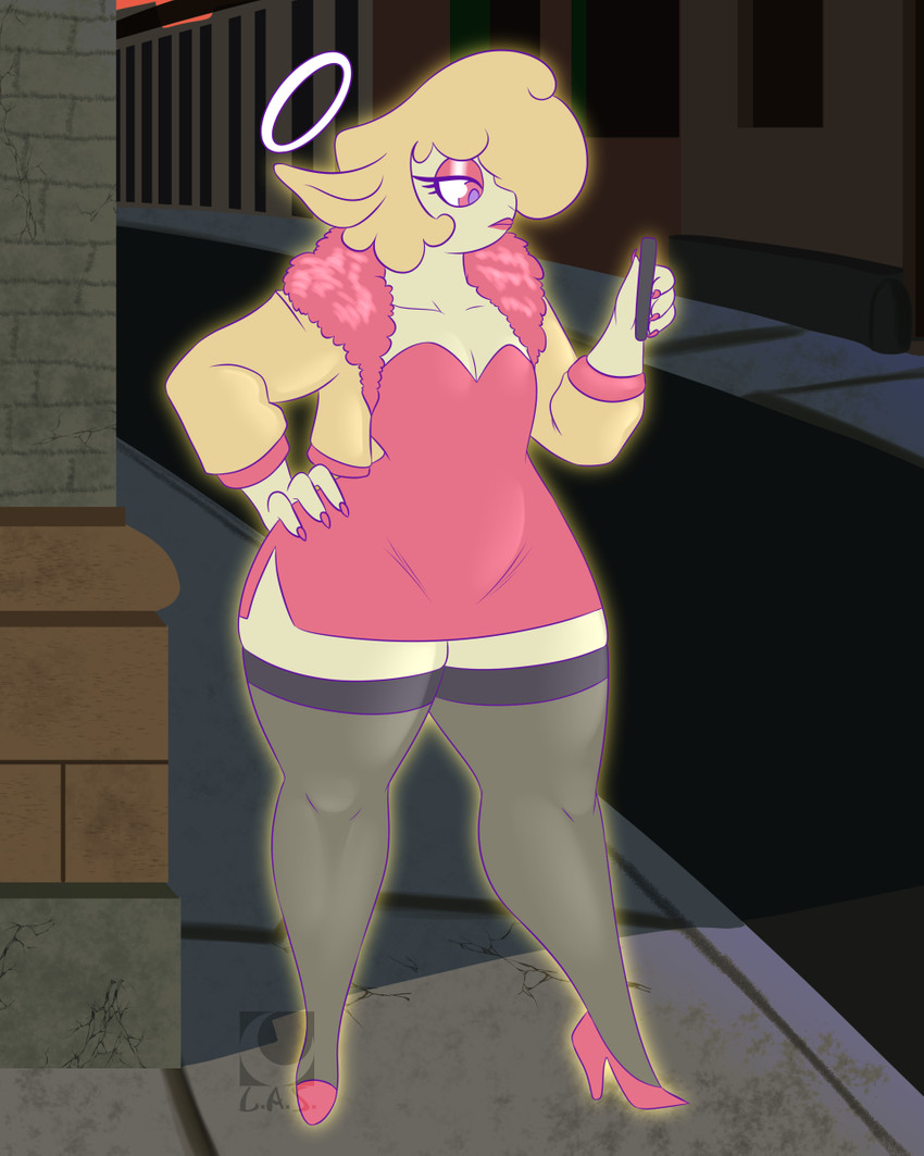 anthro cellphone clothed clothing colored_nails curled_hair detailed_background dress electronics eyeshadow female flat_chested footwear glowing glowing_body hair halo hand_on_hip high_heels jacket legwear lipstick looking_at_object looking_at_phone makeup nails outside phone pink_eyes prostitution shoes smartphone solo street_corner thick_thighs thigh_highs topwear wide_hips lunis1992 helluva_boss keenie_(helluva_boss) angel bovid caprine cherub mammal sheep 4:5 hi_res watermark