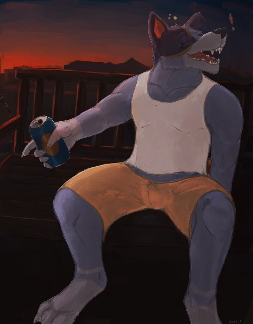 alcohol anthro beer beverage beverage_can blue_body bubble bulge clothed clothing detailed_background drinking drunk drunk_bubble eyes_closed fur garden happy male musclegut muscular open_mouth outside paws shirt sitting sky slightly_chubby solo stripes substance_intoxication sunset tank_top topwear daebea bluey_(series) stripe_heeler australian_cattle_dog canid canine canis cattledog domestic_dog herding_dog mammal pastoral_dog absurd_res hi_res