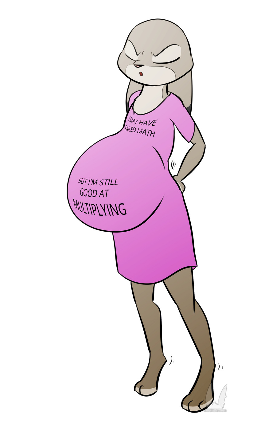 anthro belly big_belly eyes_closed female pregnant pregnant_anthro pregnant_female simple_background solo text rabbitinafoxden disney zootopia judy_hopps lagomorph leporid mammal rabbit absurd_res english_text hi_res