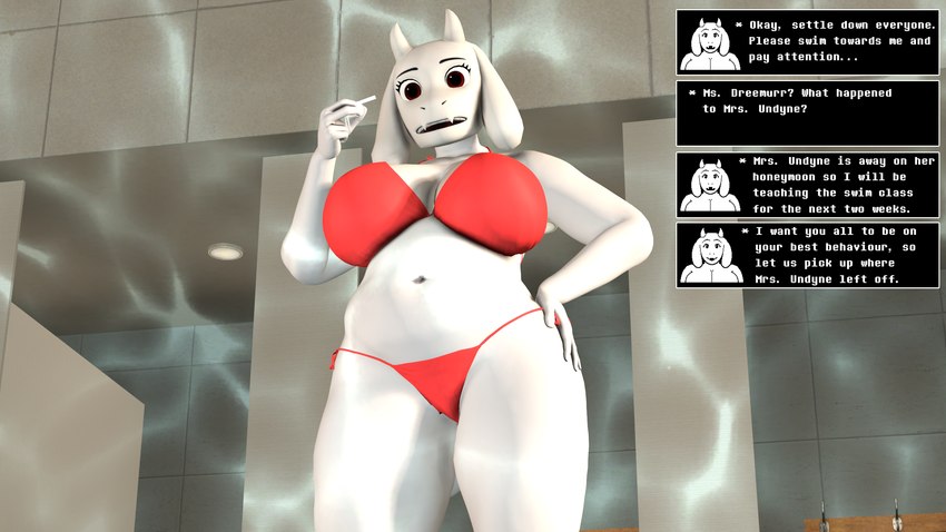 anthro big_breasts bikini breasts clothing curvy_figure dialogue female hand_on_hip looking_at_another looking_down mature_female navel slightly_chubby slightly_chubby_female solo swimming_pool swimwear text thick_thighs two-piece_swimsuit voluptuous whistle_(object) wide_hips daemont92 undertale_(series) toriel boss_monster_(undertale) bovid caprine goat mammal 16:9 3d_(artwork) digital_media_(artwork) english_text hi_res source_filmmaker_(artwork) widescreen