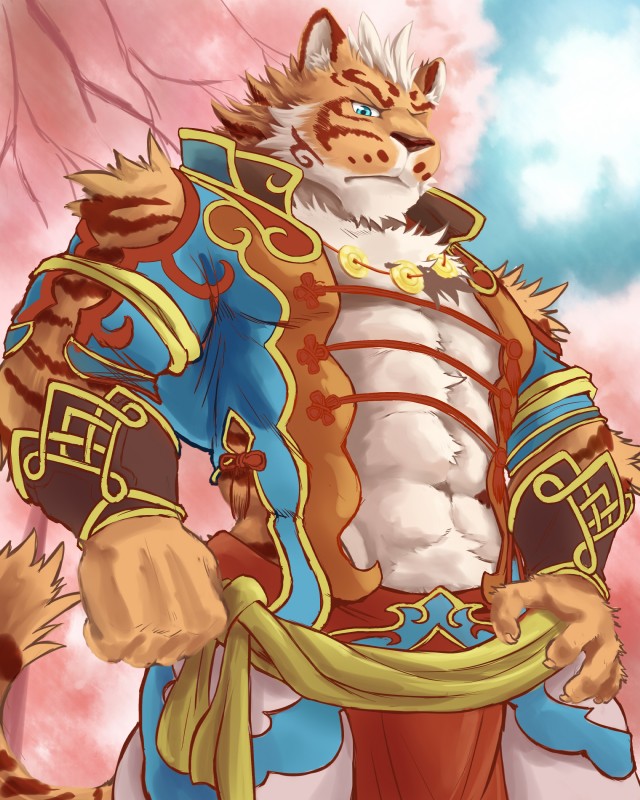 abs anthro biceps blue_eyes claws clothed clothing countershading fur male muscular muscular_anthro muscular_male plant sky solo stripes tree tupidwithouts nekojishi studio_klondike lin_hu felid mammal pantherine tiger 2017 4:5 absurd_res hi_res