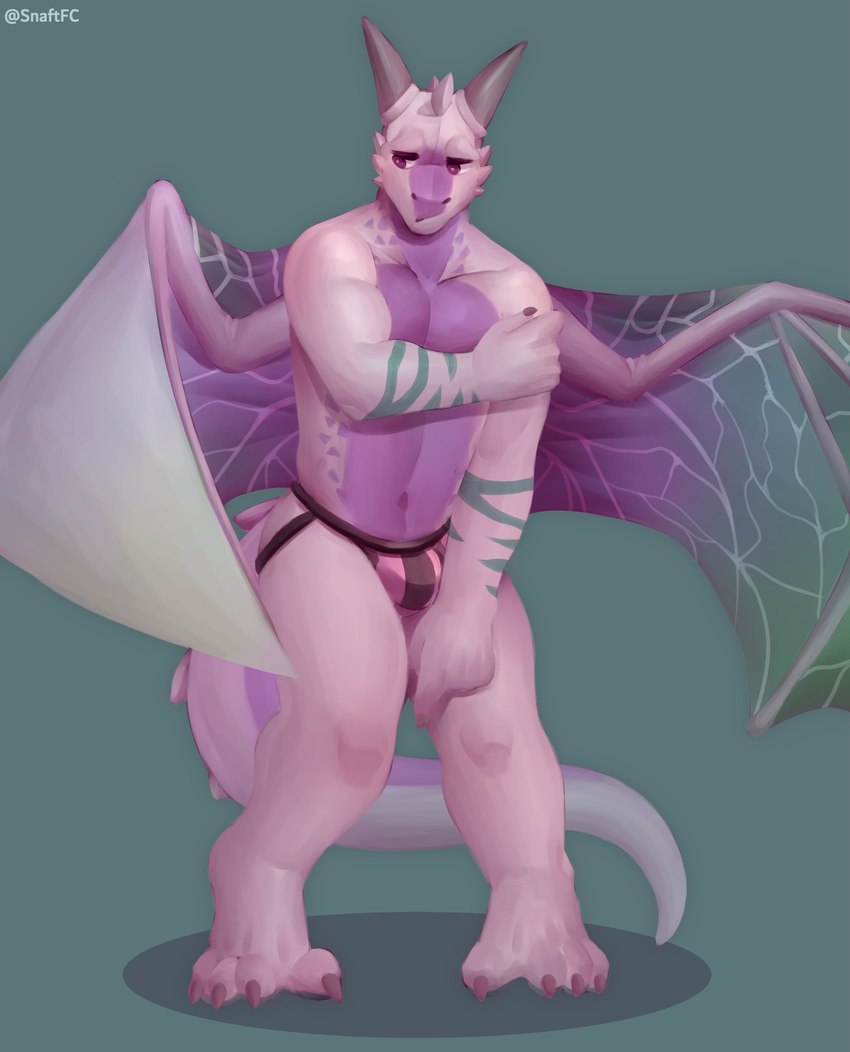 anthro blush bulge claws clothing horn jockstrap male muscular paws pecs purple_body purple_eyes shy solo tail underwear white_body wings snaftfc mythology dragon mythological_creature mythological_scalie scalie absurd_res hi_res