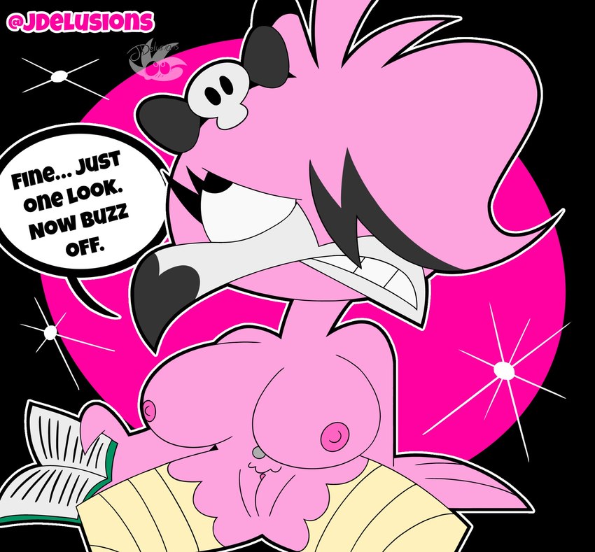 annoyed anthro beak big_breasts black_eyes book bow_accessory bow_ribbon breasts dialogue eyelashes eyeshadow female genitals grey_eyeshadow holding_object huge_breasts makeup navel navel_piercing nipples non-mammal_breasts non-mammal_nipples nude nude_anthro nude_female piercing pink_body pink_nipples pussy simple_background solo speech_bubble teeth text thick_thighs wide_hips jdone book_and_boob flamma avian bird flamingo 2025 digital_media_(artwork) english_text hi_res meme