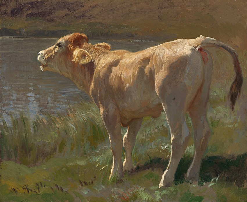 anus detailed_background feral male open_mouth outside raised_tail realistic realistic_feral solo standing tail rudolph_koller bovid bovine cattle mammal 1871 19th_century ancient_art hi_res painting_(artwork) traditional_media_(artwork)