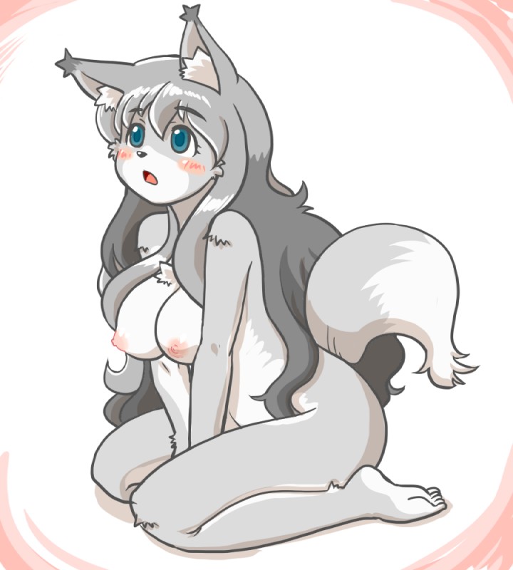 anthro blue_eyes breasts female fur grey_body grey_fur grey_hair hair kemono long_hair nipples open_mouth simple_background solo white_background kin-shun moco_(kin-shun) canid canine canis mammal wolf