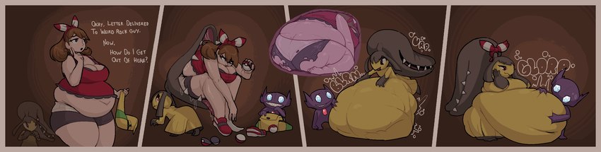 after_vore belly big_belly big_butt border butt digestion fatal_vore female female_prey group huge_belly human_prey inside oral_vore orange_border overweight purple_body same_size_vore sharp_teeth teeth text trio vore yellow_body maniacalfork nintendo pokemon may_(pokemon) generation_3_pokemon human humanoid mammal mawile pokemon_(species) sableye 2023 comic english_text hi_res