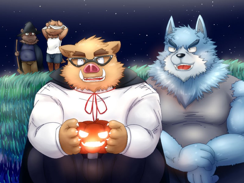 anthro blue_body blue_fur bottomwear brown_body brown_fur clothing fur group holidays humanoid_hands male night outside overweight overweight_male pants shirt shorts sitting topwear kumao mohumohuotou okatana privateotou halloween canid canine canis domestic_dog mammal suid suine sus_(pig) wild_boar wolf 2010 4:3