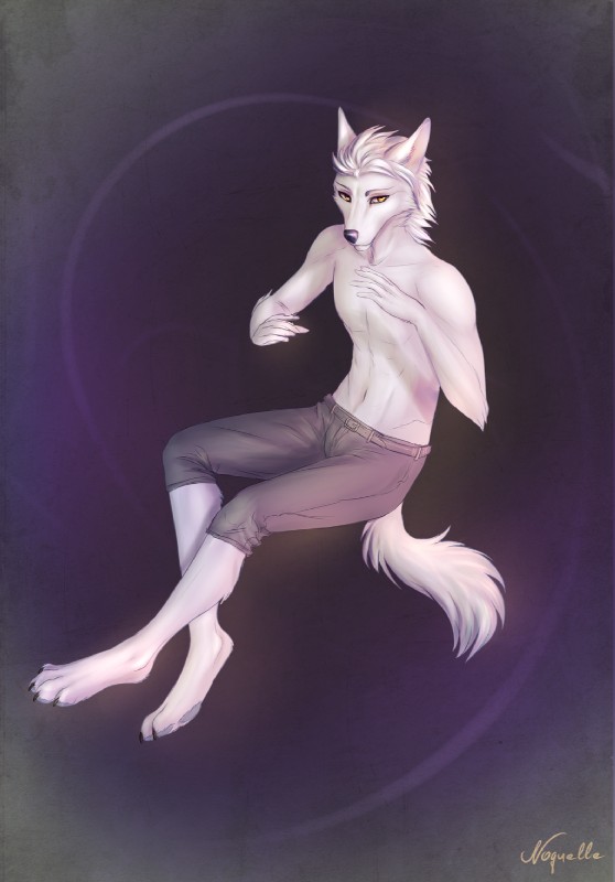 anthro black_nose clothed clothing fur male simple_background solo topless white_body white_fur yellow_eyes noquelle canid canine canis mammal wolf 2017 digital_media_(artwork) hi_res