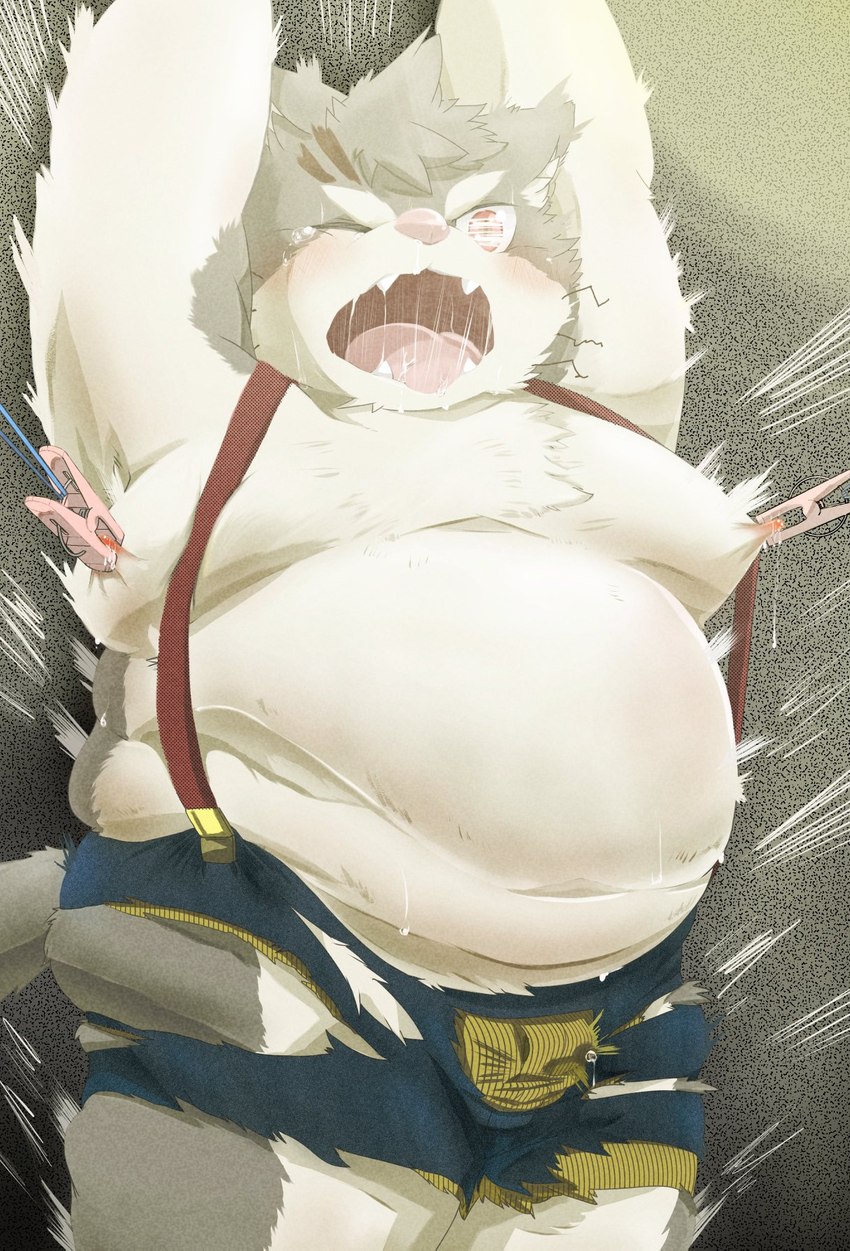 anthro belly blush bodily_fluids bottomwear bulge clothing genital_fluids kemono lactating male male_lactation moobs nipple_fetish nipples overweight overweight_anthro overweight_male precum shorts solo suspenders tears kogiinu lifewonders tokyo_afterschool_summoners sitri_(tas) domestic_cat felid feline felis mammal 2021 hi_res