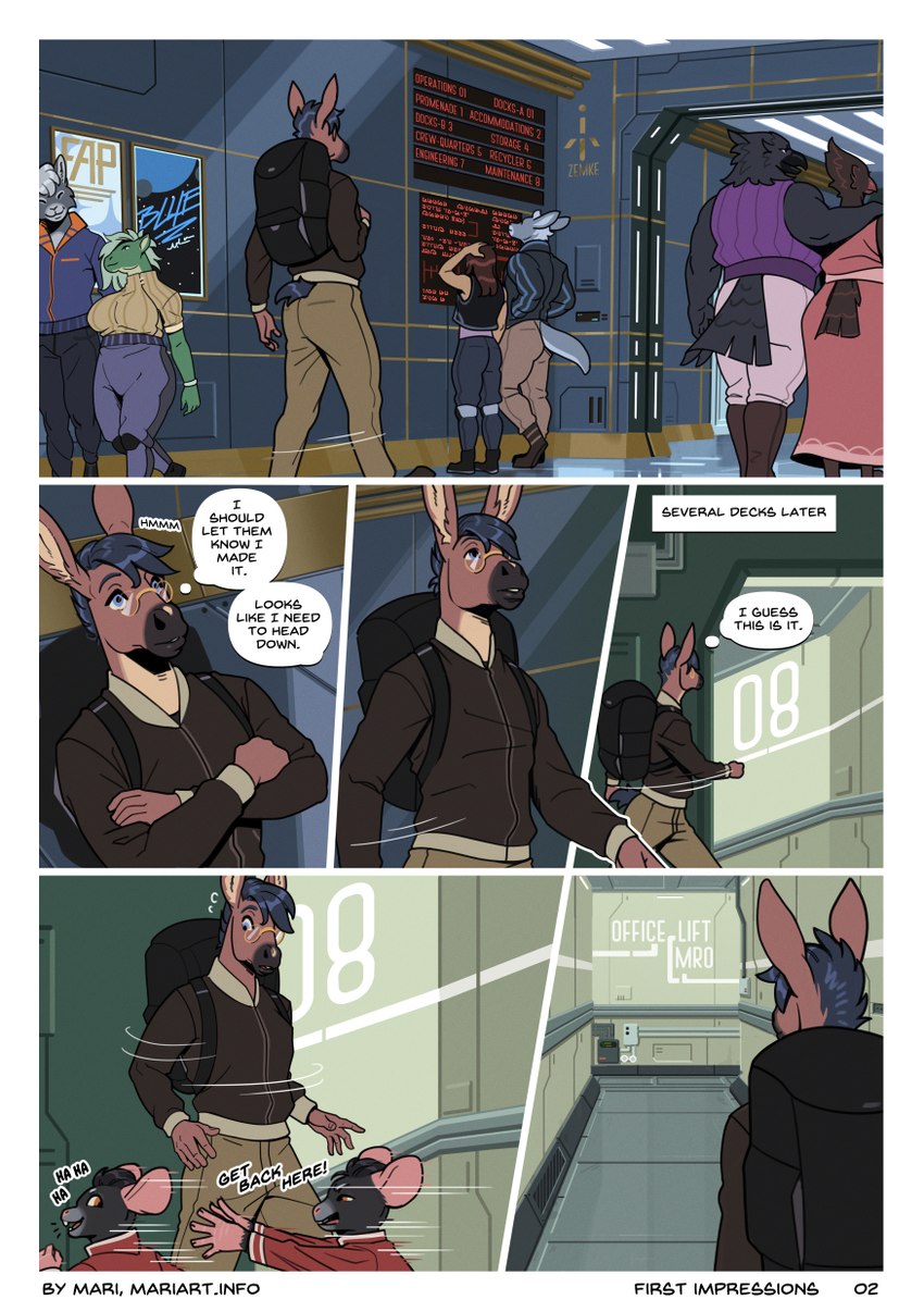 6_panel_comic anthro backpack black_text clothed clothing dialogue eyewear female glasses group male science_fiction text mariart background_character lewis_(mariart) asinus donkey equid equine mammal comic digital_media_(artwork) english_text hi_res