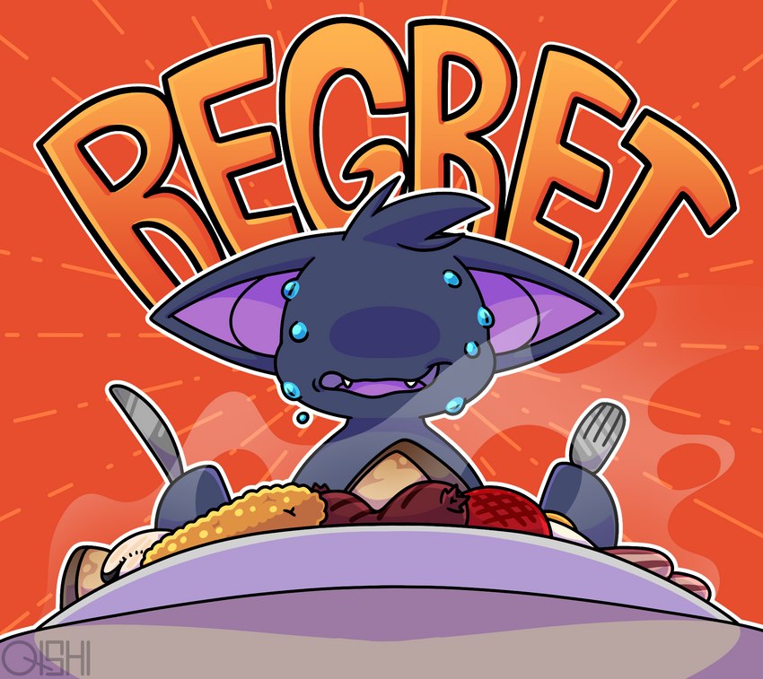 ambiguous_gender anthro big_ears blind bodily_fluids breakfast cutlery disability eyeless fangs food fork kitchen_utensils knife meat purple_tongue regret sausage semi-anthro solo steam sweat teeth text tongue tools worried o-ishi nintendo pokemon zazu_(o-ishi) generation_1_pokemon pokemon_(species) zubat hi_res