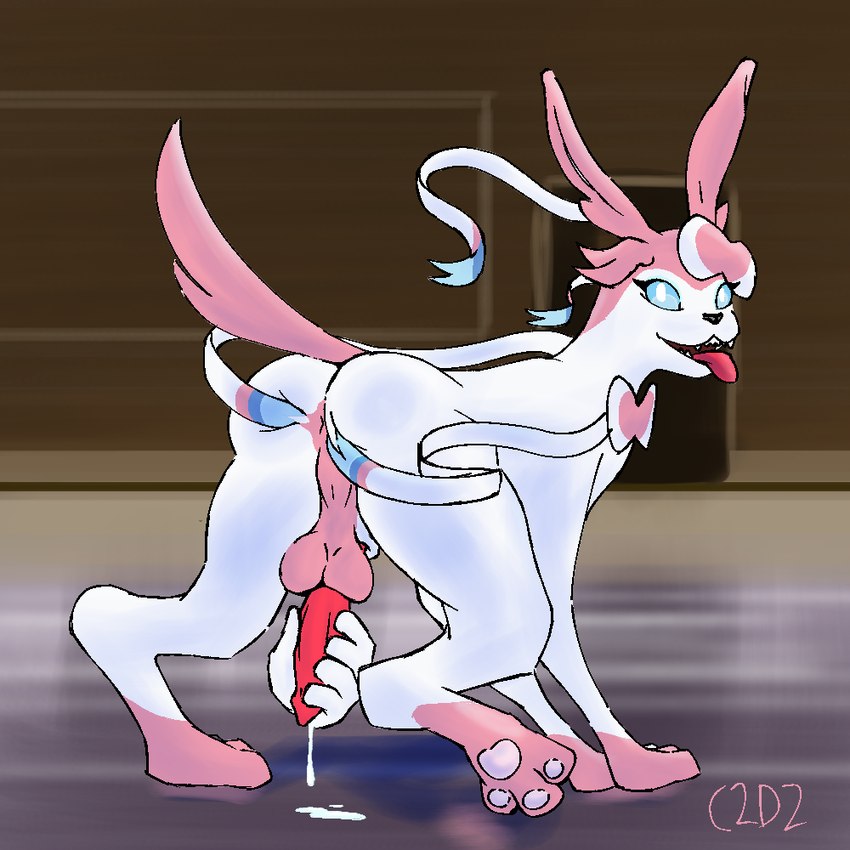 ambiguous_gender animal_genitalia anus balls blue_eyes bow_ribbon bow_tie butt canine_genitalia feral genitals male male/ambiguous male_feral multicolored_body penis pink_body presenting ribbons sheath solo spread_butt spread_legs spreading tail tongue tongue_out two_tone_body white_body c2d2 nintendo pokemon canid eeveelution generation_6_pokemon human mammal pokemon_(species) sylveon 1:1