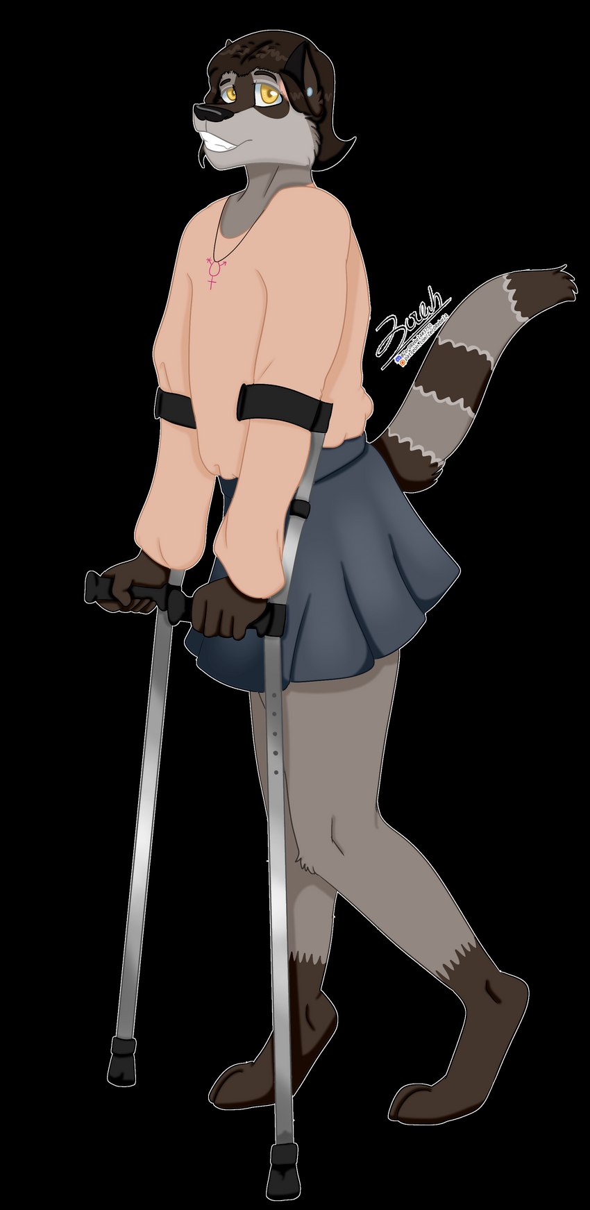 anthro bottomwear brown_body brown_fur brown_hair brown_markings clothed clothing crutch disability ear_piercing female fur gender_symbol grey_body grey_fur hair jewelry male markings medical_instrument necklace paws piercing scar scientific_instrument simple_background skirt smile solo sweater symbol text topwear transgender_symbol transparent_background white_body white_fur white_markings yellow_eyes zer0rebel4 discord_(app) patreon may_(zer0rebel4) mammal procyonid raccoon 2023 absurd_res alpha_channel digital_media_(artwork) full-length_portrait hi_res portrait url trans_(lore) trans_woman_(lore)